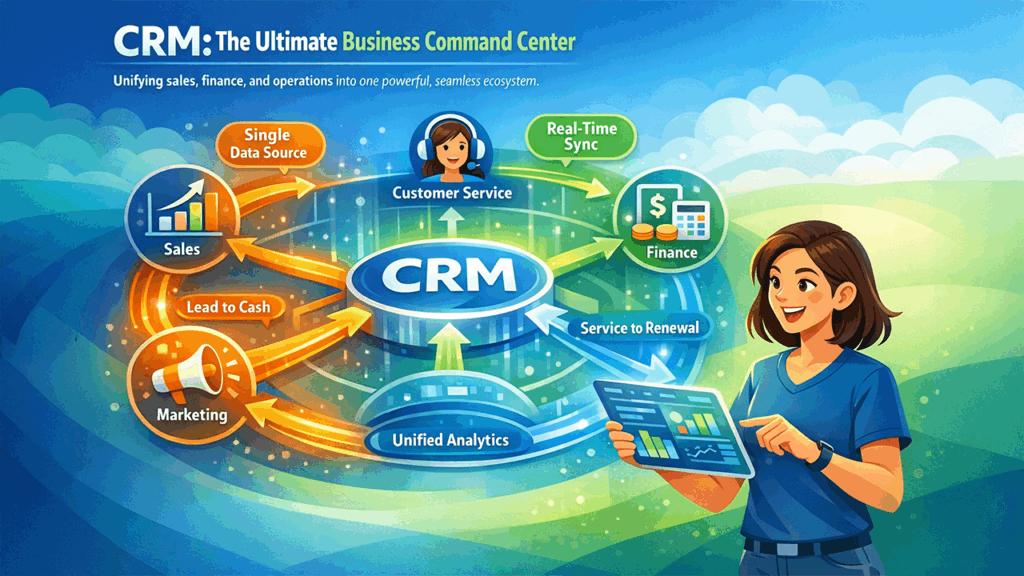 Modern CRM platforms acting as a central hub connecting sales, marketing, finance, and operations