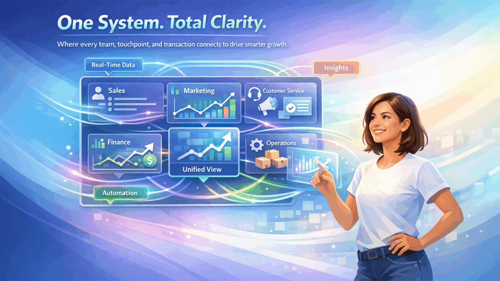 Modern CRM platforms connecting sales, marketing, finance, and customer service in a unified business system