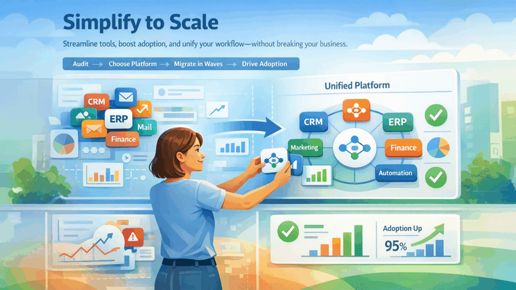 Modern CRM platforms consolidation strategy showing step-by-step migration from multiple tools to a unified system