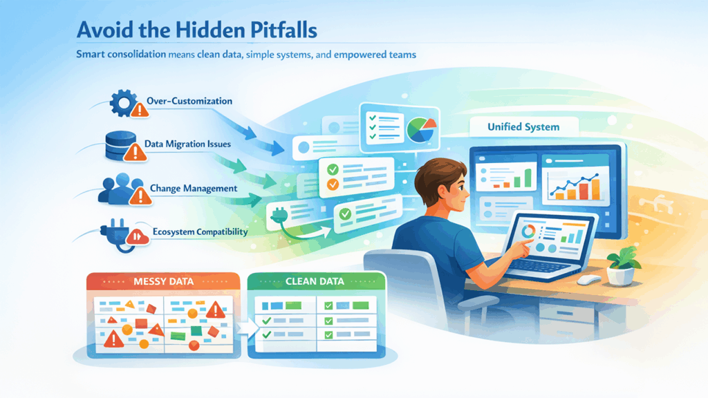 Modern CRM platforms implementation risks showing data migration errors, over customization, and poor user adoption