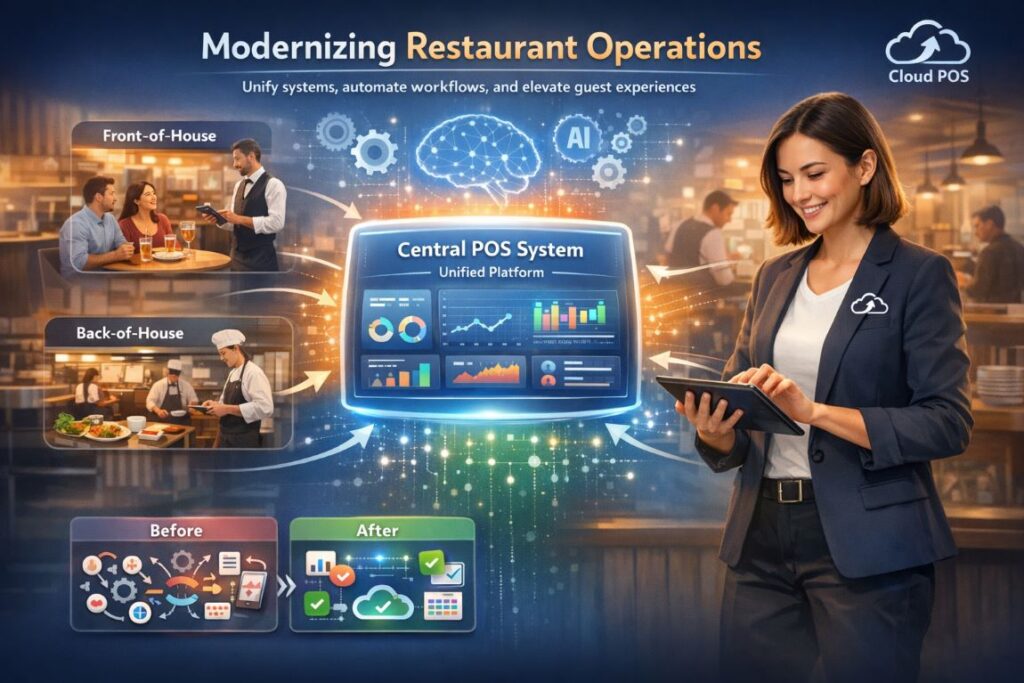 Modernizing restaurant operations using a unified cloud POS system connecting front of house, back office, and automation workflows