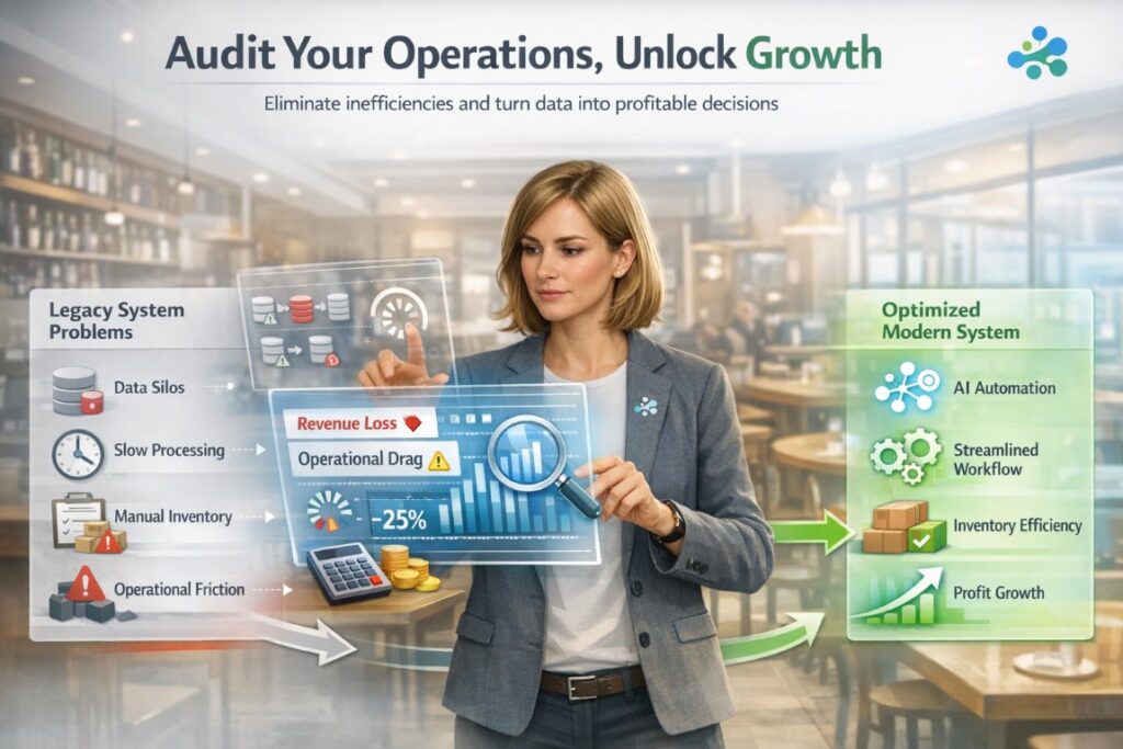 Modernizing restaurant operations through technology audit, identifying legacy system inefficiencies, and optimizing workflows with automation and analytics