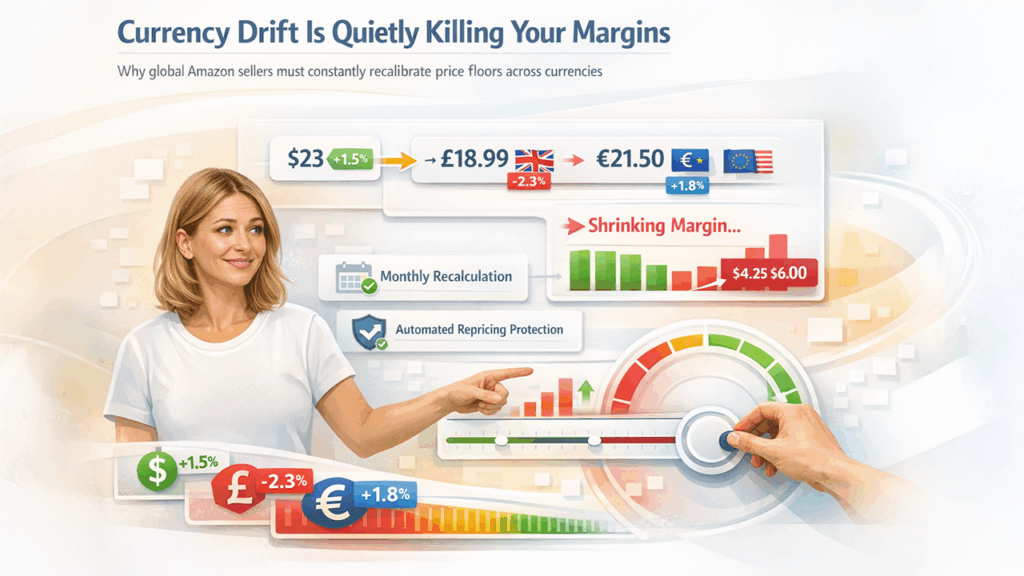 Multichannel sellers managing currency fluctuation impact on Amazon marketplace pricing and price floor calculations