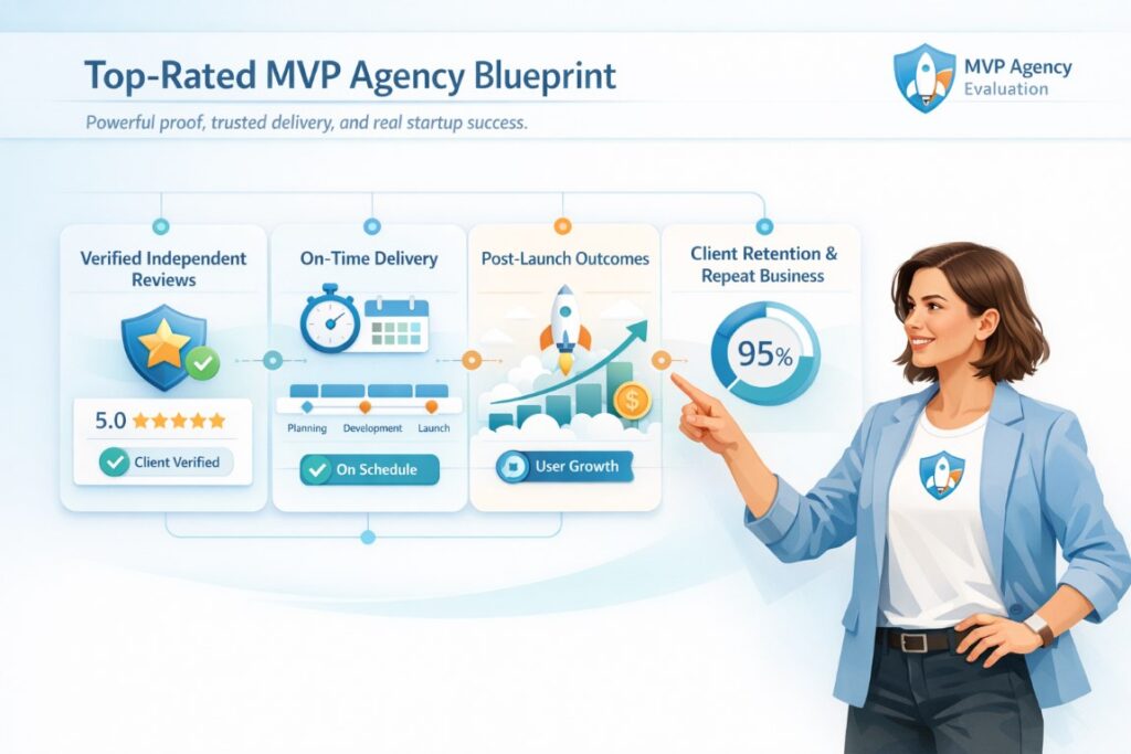 Infographic showing how MVP development companies are evaluated based on verified reviews, on-time delivery, post-launch outcomes, and client retention