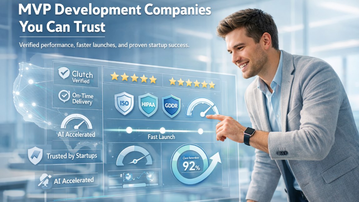 MVP development companies in USA comparison dashboard with verified reviews, compliance badges, and startup founder analyzing top-rated agencies