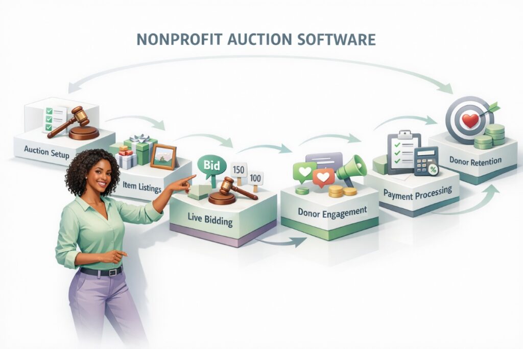 Flowchart infographic showing how nonprofit auction software manages bidding donor engagement payments compliance and donor loyalty