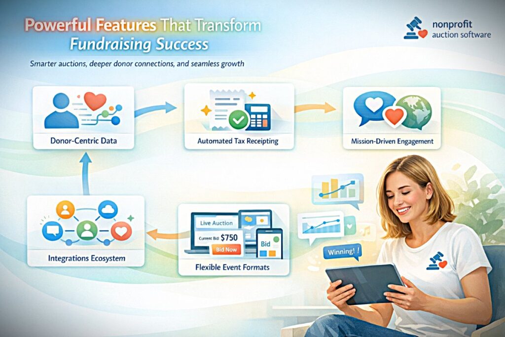 Infographic showing key features of nonprofit auction software including donor management tax receipting integrations and hybrid event support