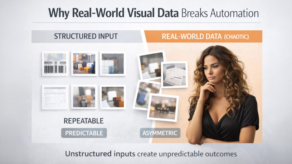 Real-world visual data is unreliable for business needs due to inconsistent environments, poor image quality, and unpredictable conditions