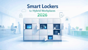 Smart lockers for workplaces in a modern hybrid office used for secure device storage and hot-desking
