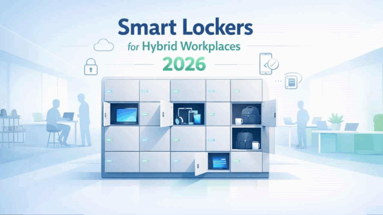 Smart lockers for workplaces in a modern hybrid office used for secure device storage and hot-desking