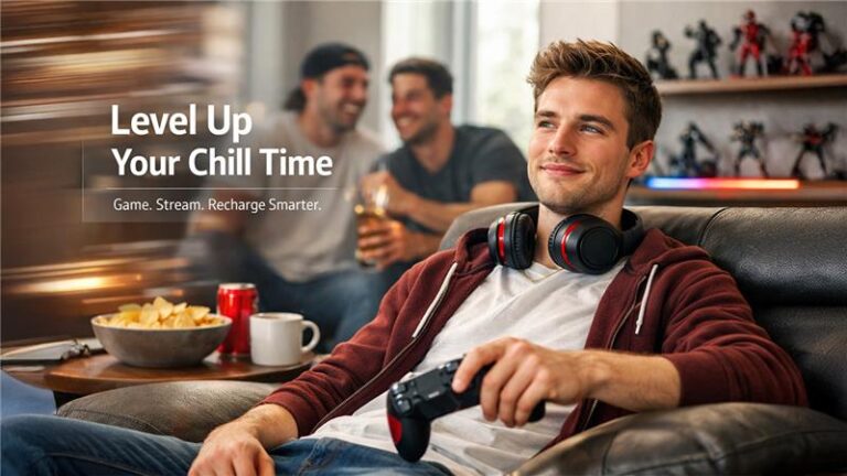 Streaming setup tips showing a comfortable gaming and streaming desk with dual monitors, headphones, and ambient lighting