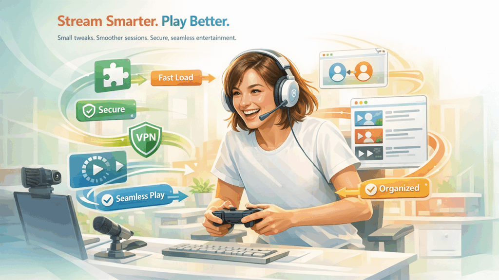 Streaming setup tips showing improved gaming and streaming performance with organized apps, smooth playback, and secure connection