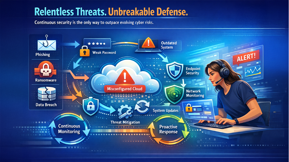 Common IT Challenges illustration showing cloud, network, and system issues