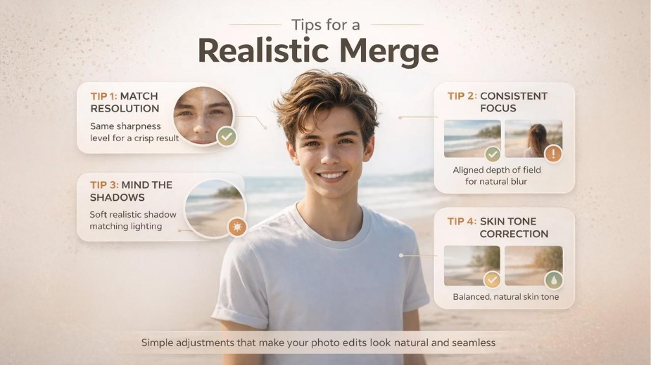 Combine Two People in One Photo with realistic merge tips like matching resolution, focus, shadows, and skin tone