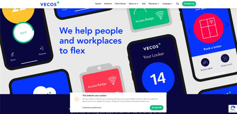 Vecos smart lockers for workplaces with digital locker management platform in a hybrid office