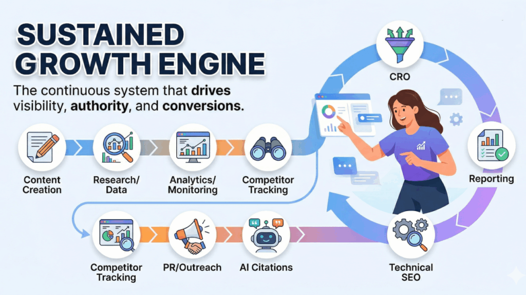 Website investment growth management covering SEO, content creation, CRO, and performance tracking