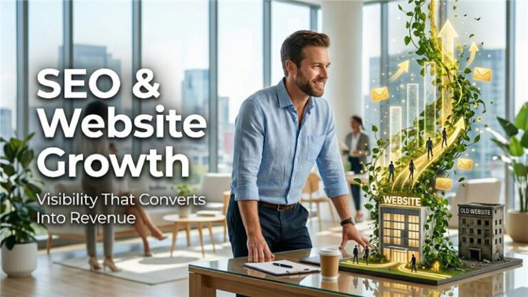 Website investment strategy showing SEO, content, and CRO improving business growth
