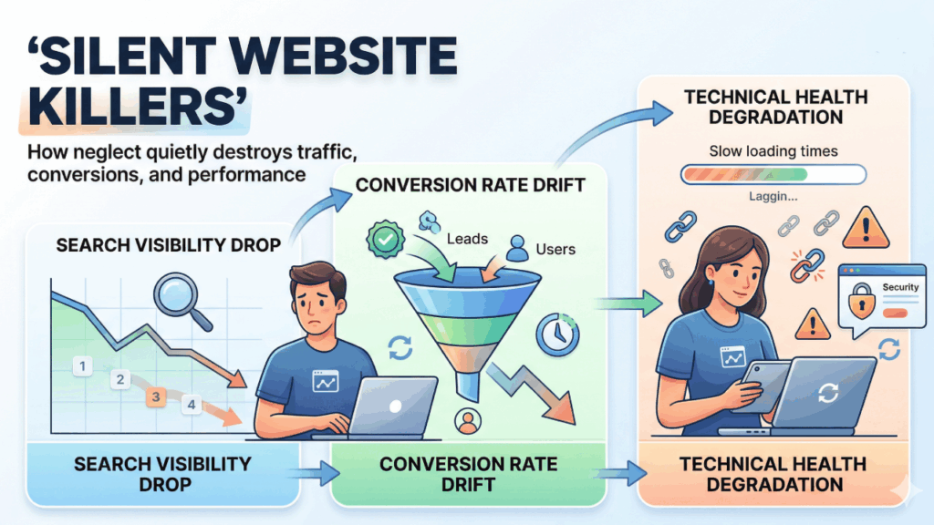 Factors that erode website investment value including SEO decline, low conversions, and technical issues