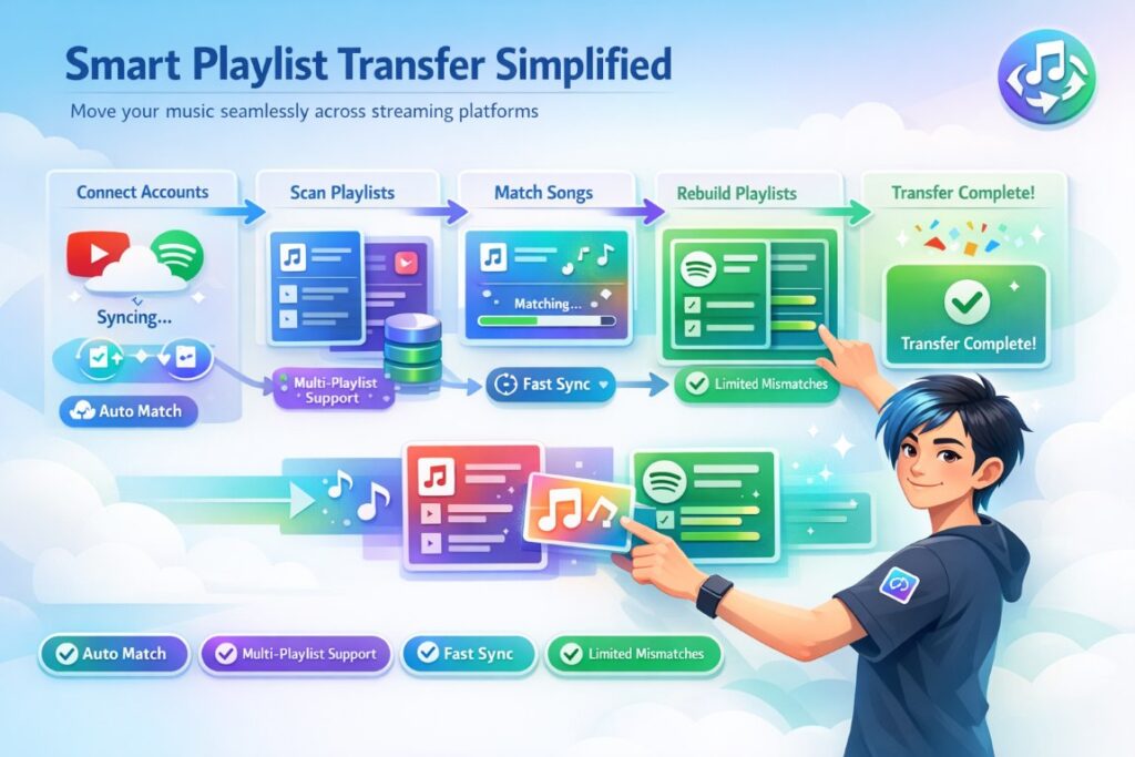 Infographic showing how to transfer YouTube playlist to Spotify step by step