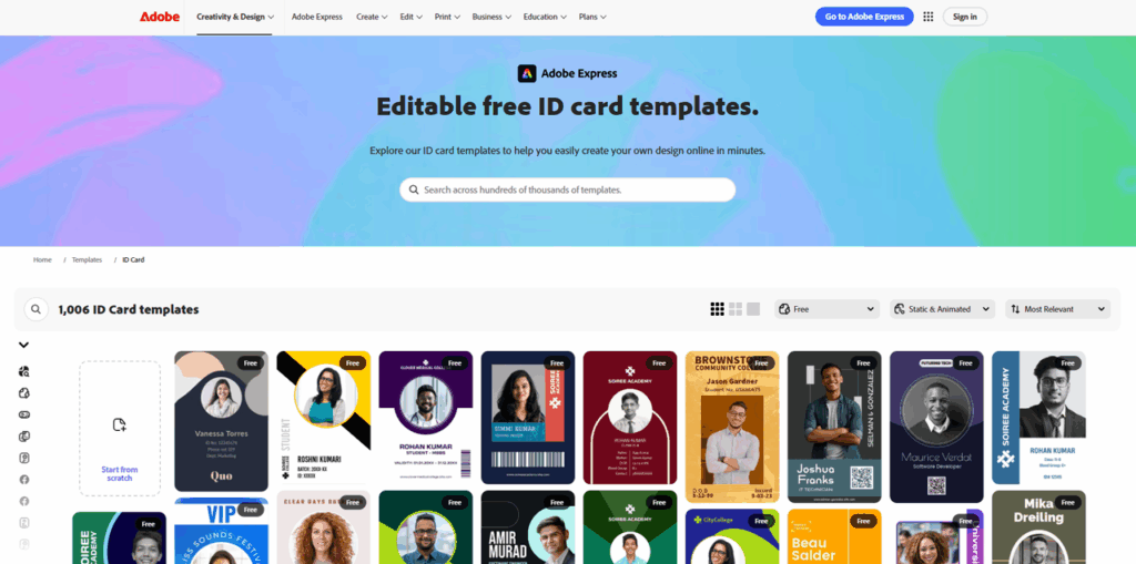 Adobe Express interface used as an ID Card Maker Tool for designing professional ID cards