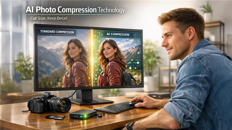 AI photo storage optimization demonstrating how AI compression reduces image size while preserving quality
