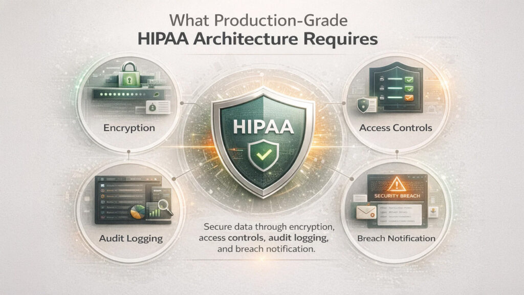 AI-powered healthcare architecture showing HIPAA-compliant data encryption, access control, and audit logging systems