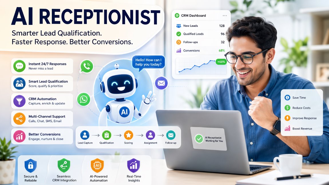AI Receptionist automating CRM lead qualification and improving customer response with real time dashboard and chatbot interaction
