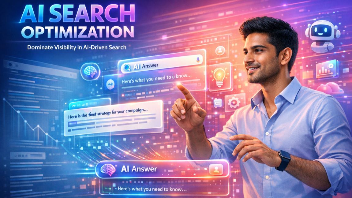 AI Search Optimization concept showing digital marketer interacting with AI-generated search results and zero-click search interface