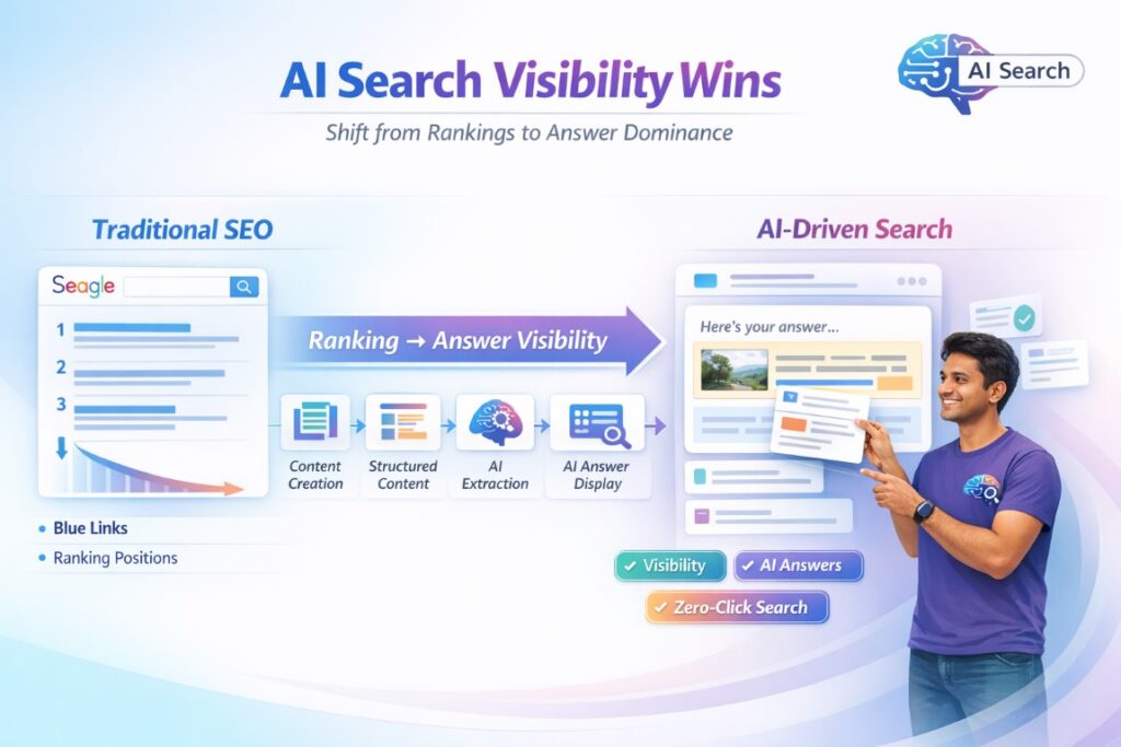 AI search optimization infographic showing shift from traditional rankings to AI-driven search visibility and zero-click results
