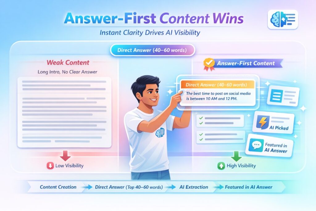 Answer-first content infographic showing how AI search optimization prioritizes clear and direct answers for better visibility