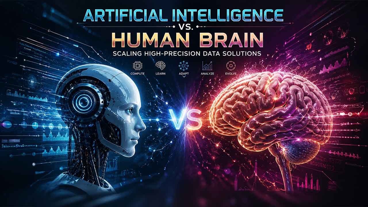 Artificial intelligence vs human brain comparison showing machine intelligence, automation, and human cognitive capabilities