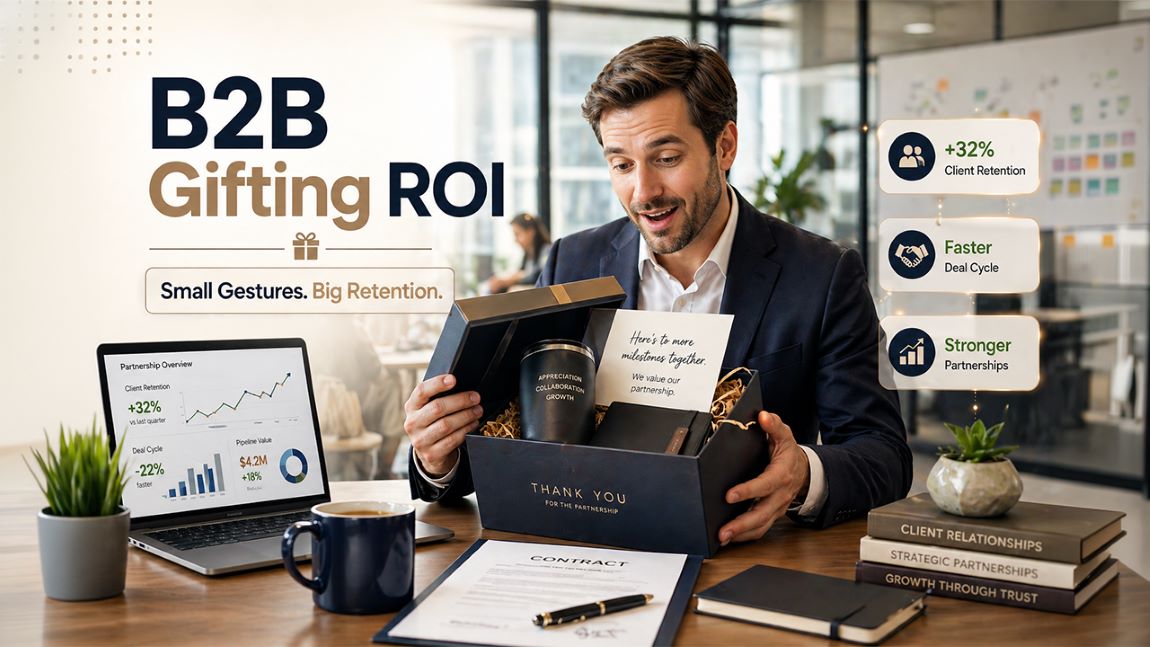 B2B gifting strategy showing business professional opening a corporate gift box to improve client relationships and retention