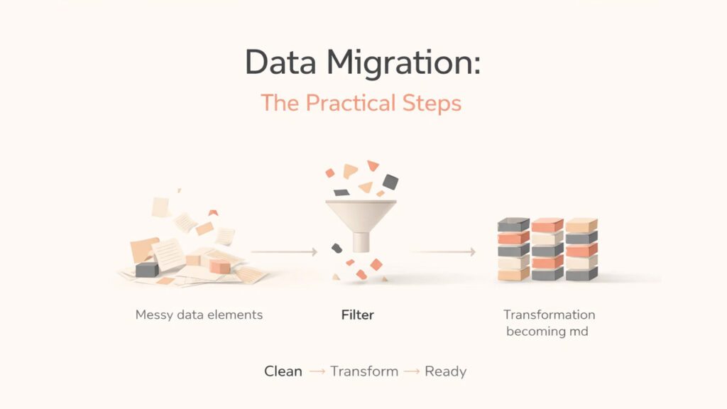 CRM migration data transfer steps including export, validation, transformation, and import process