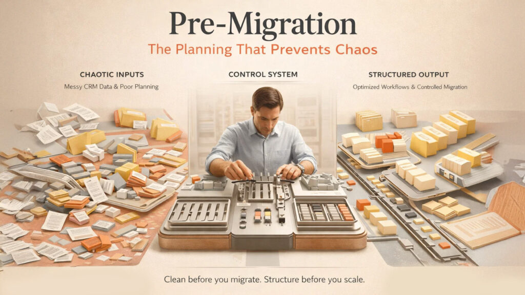 CRM migration pre-planning phase showing data audit, workflow mapping, and strategy preparation