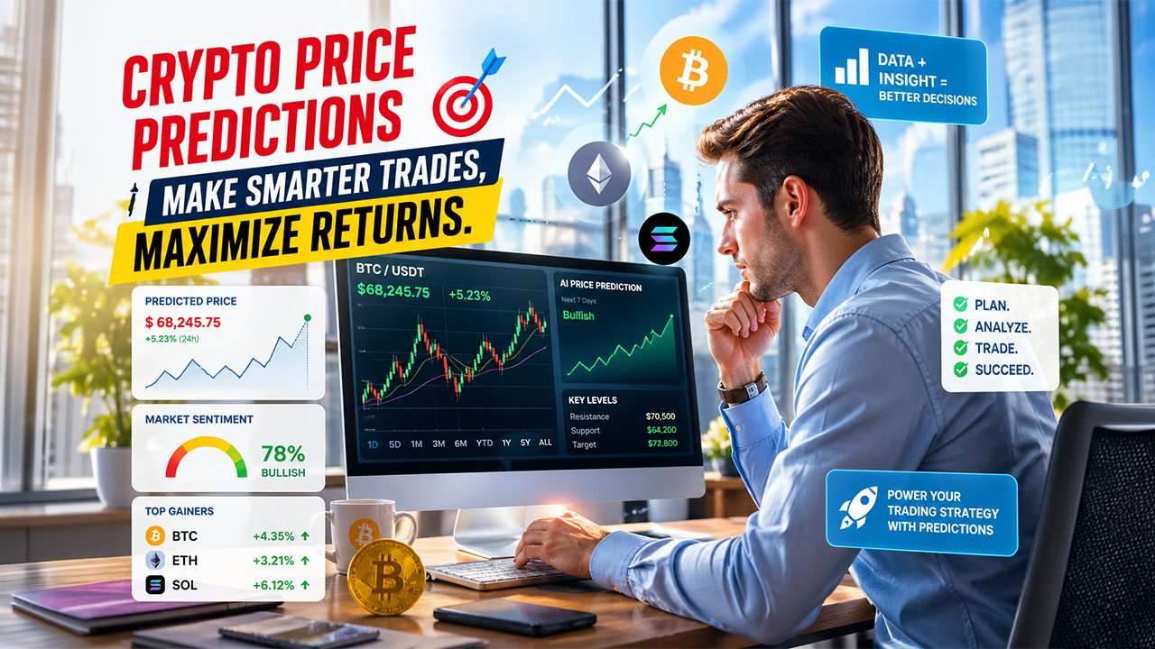 Crypto price predictions dashboard showing market trends, charts, and trading analysis.