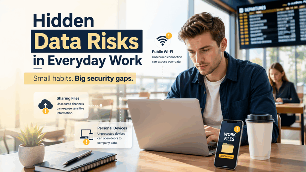 Data security for remote teams showing risks of public Wi-Fi, unsecured file sharing, and personal devices