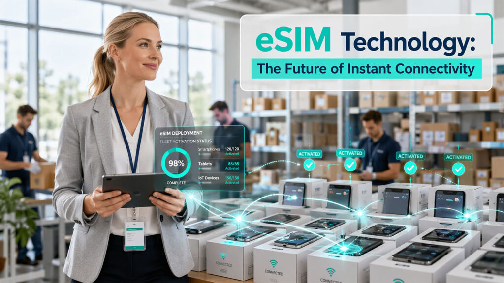 eSIM technology showing digital SIM activation and its impact on virtual phone numbers and flexible connectivity