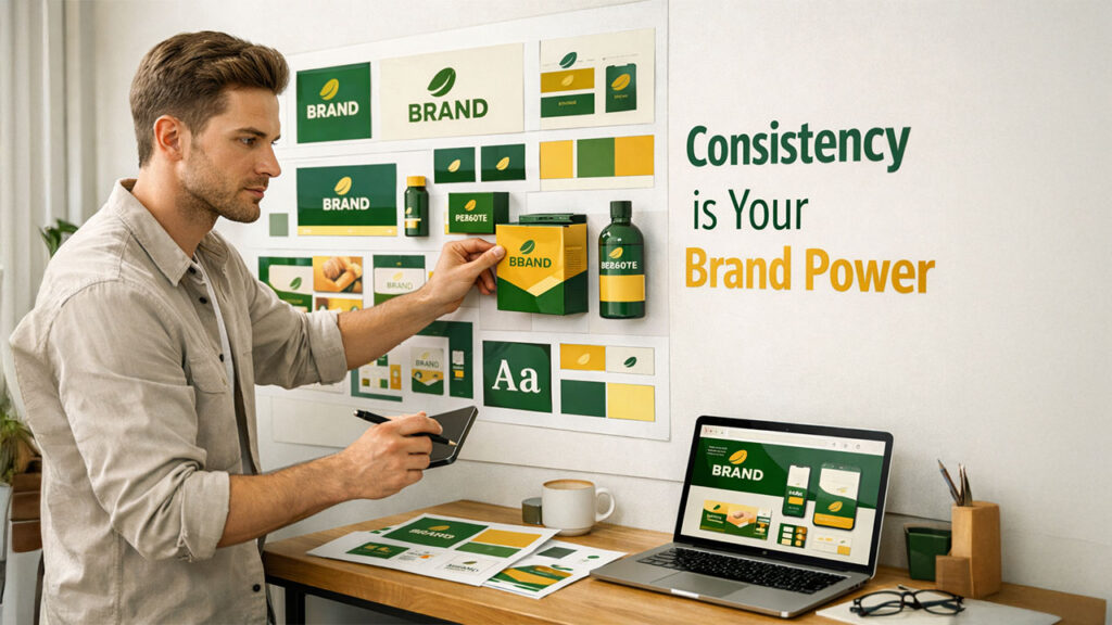 Graphic design elements showing brand consistency and instant recognition through colors, logo, and visual identity