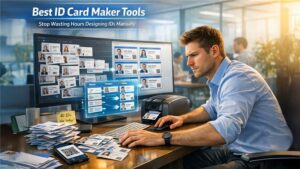 Comparison of ID Card Maker Tools including Canva, Zoviz, and Adobe Express for designing and printing ID cards