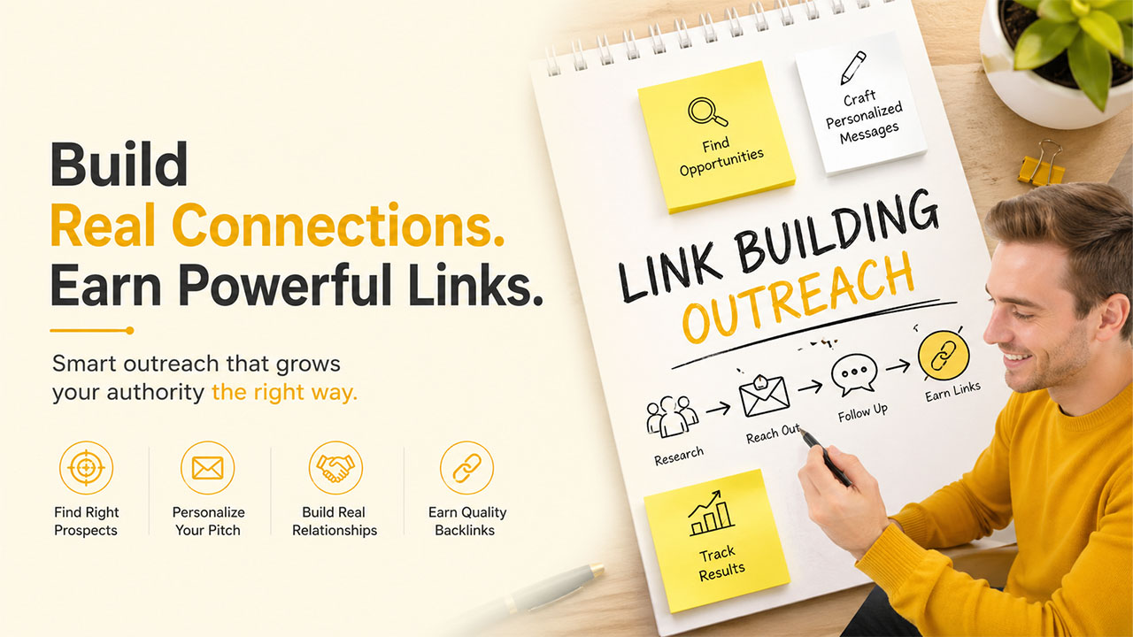 Illustration of link building outreach showing backlink prospecting, outreach emails, and white-hat SEO strategies.