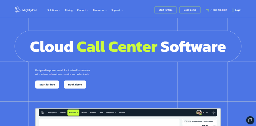 MightyCall phone system dashboard for small business call management