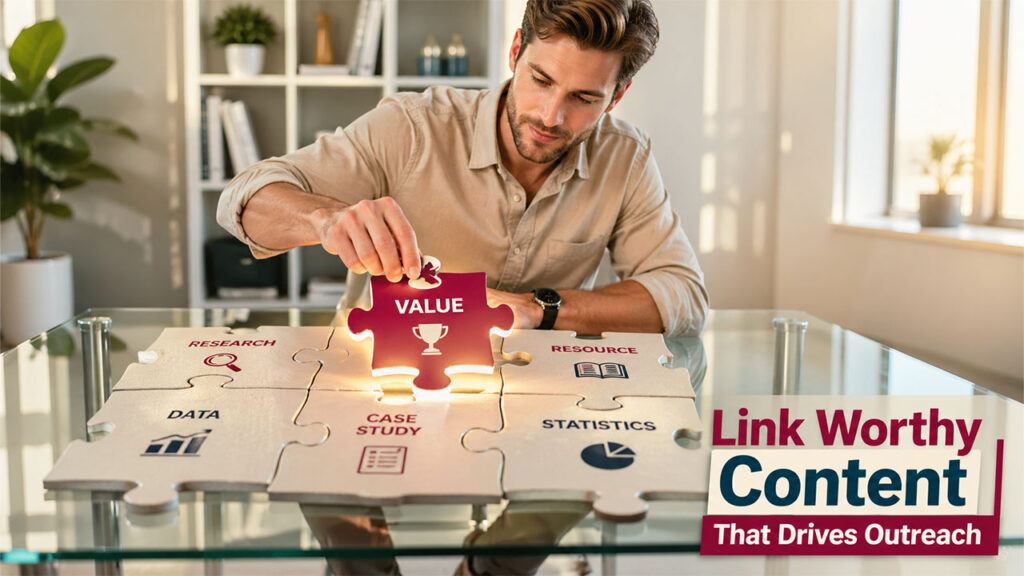 Illustration showing a high-quality content page designed for link building outreach and earning editorial backlinks.