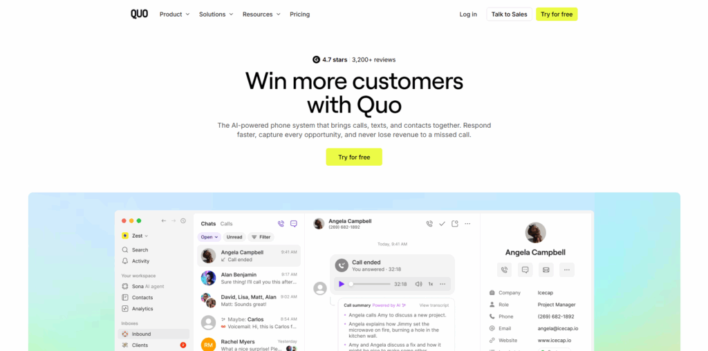 Quo phone system interface for business communication and shared inbox