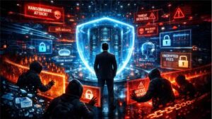 ransomware defense advice concept showing cybersecurity protection, data security, and threat prevention