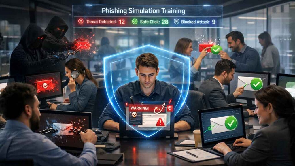 employee training session on ransomware defense advice to identify phishing emails and cyber threats