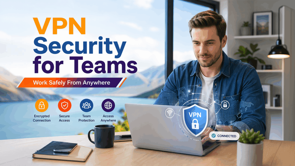 VPN security for remote teams showing encrypted internet connection and secure access tools