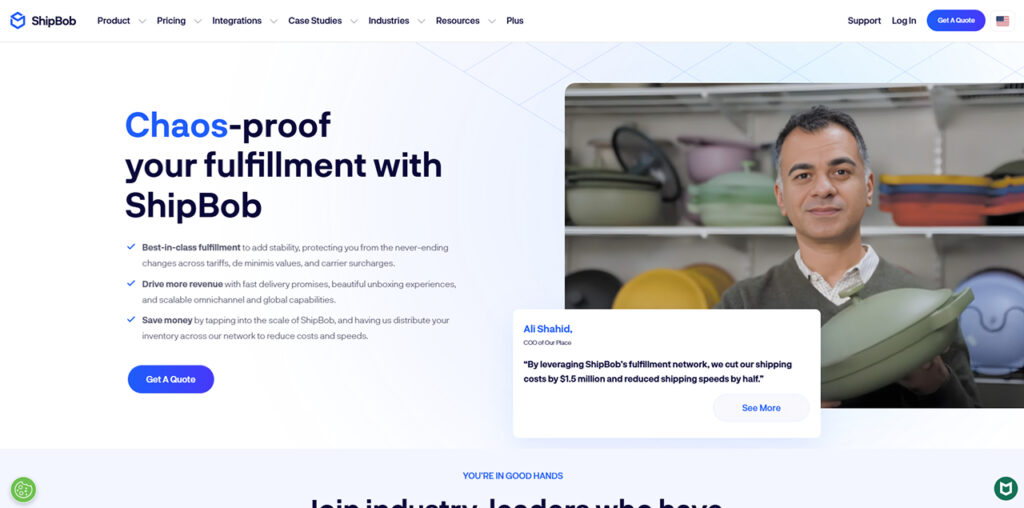 ShipBob 3PL fulfillment for Shopify showing fast shipping network and nationwide order delivery for DTC brands