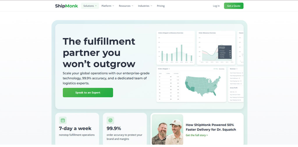 ShipMonk 3PL fulfillment for Shopify showing omnichannel order management, inventory syncing, and warehouse operations