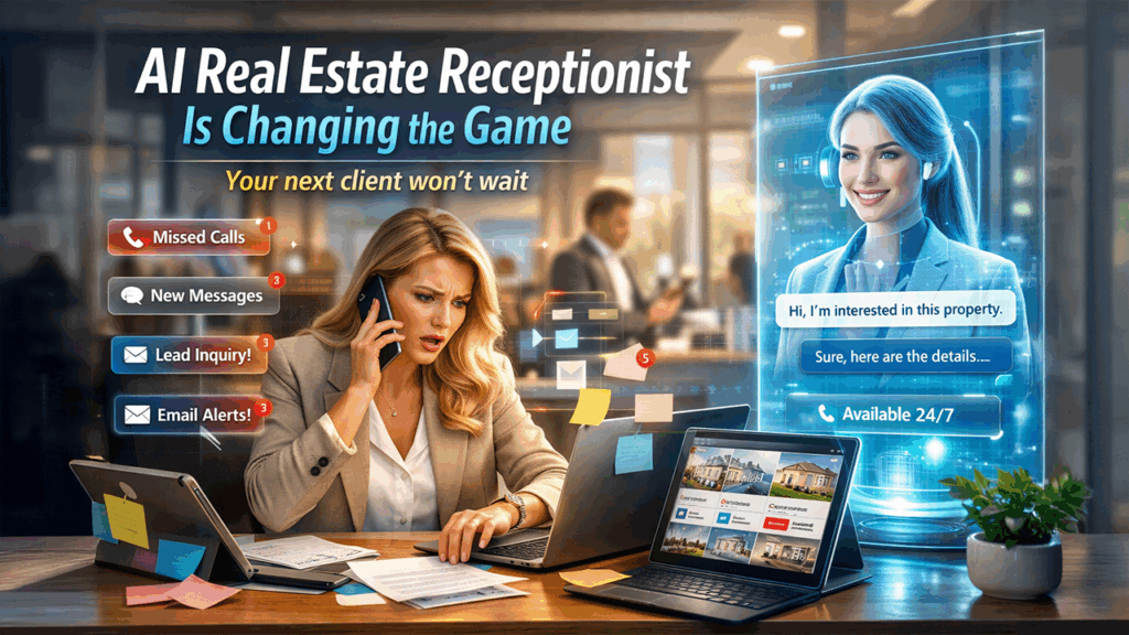 Comparison of traditional reception and AI real estate receptionist showing delayed response vs instant lead handling