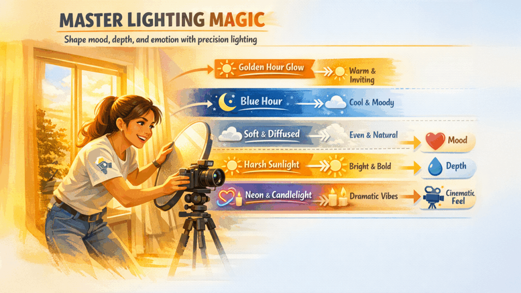 Example of vague vs specific prompts showing how detailed lighting description improves AI video output quality